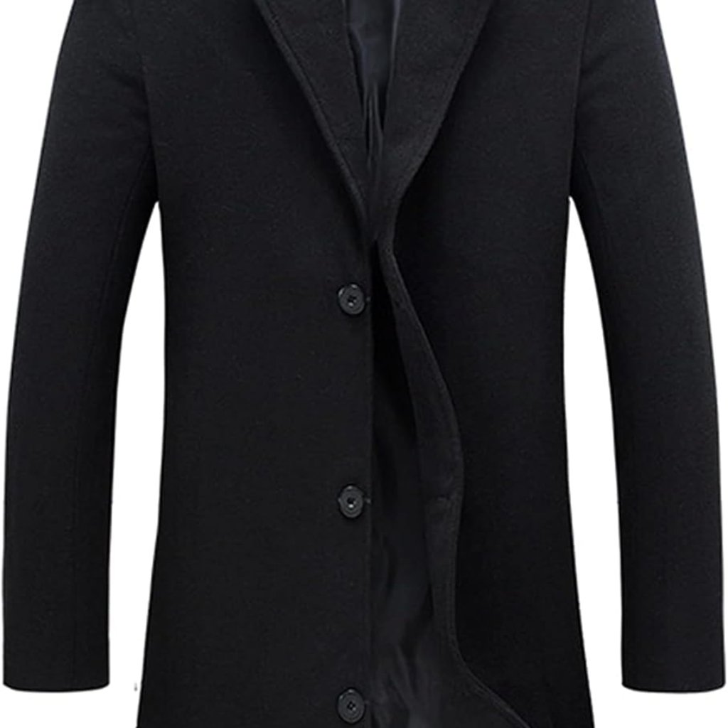 Classic Black Pea Coat For Men - Slim Fit Wool Blend Winter Jacket, Medium